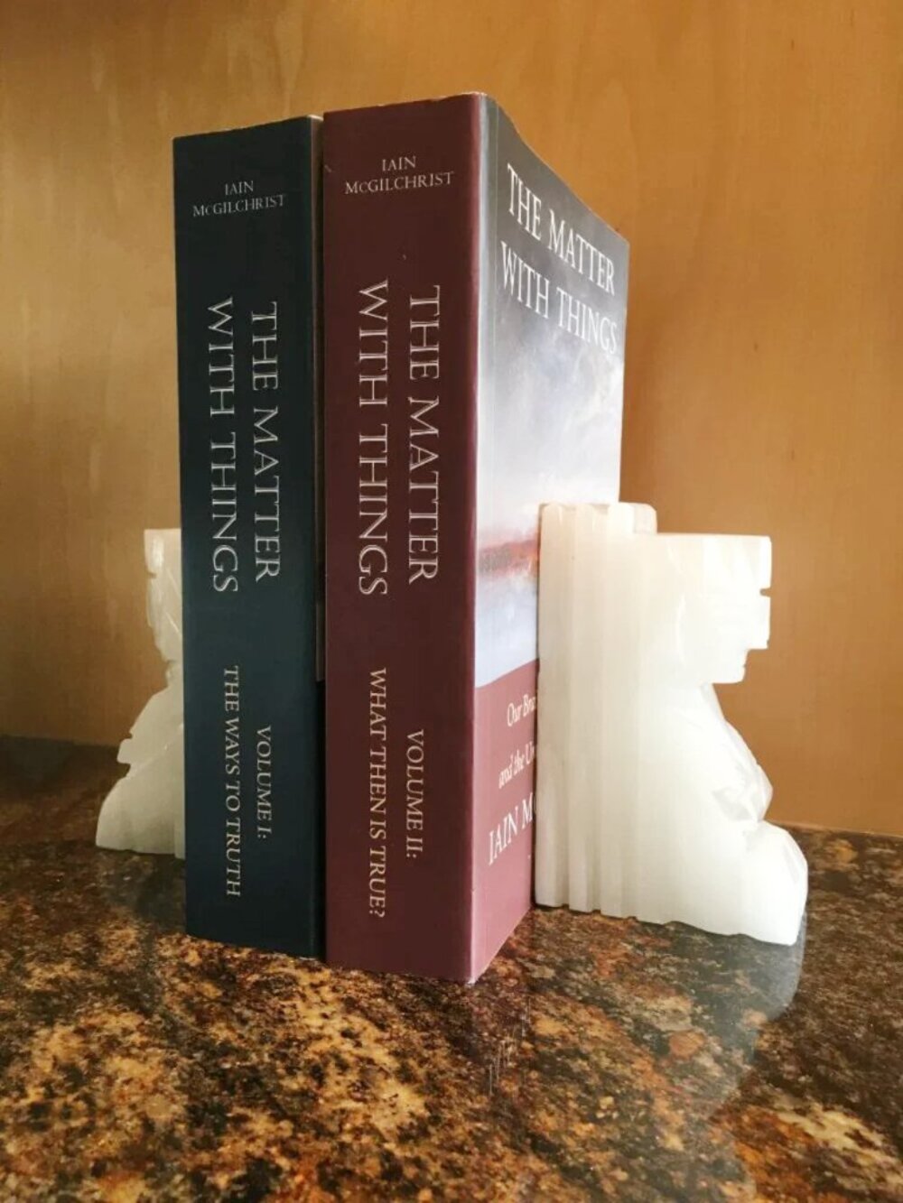 Vintage Hand Carved Translucent White Banded Onyx Marble Aztec Mexican Bookends